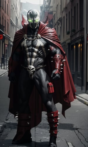 spawn2023, helmet, long red collar, red cowl, red cape, chains, skulls, glowing green eyes, red gauntlets, spikes, dramatic lighting, hyper realistic, raw image, 8k, muscular, uhd, best quality, award winning photo, rtx on, unreal engine 5, full body, wide angle shot, head to toe, gothic city, superhero pose, absurdres, long cape, large red boot, large gauntlet, flowing cape, round axe, asymmetrical red armor,
