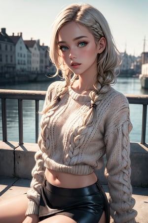 senior,cute,slender,european, emerald eyes,pale cheeks,square face shape with angular jaw,natural "no-makeup" makeup,(pewter blonde hair),
wearing Cable-knit Aran sweater tucked into a leather mini skirt with over-the-knee boots,
front view,
small breasts,
,
blurred desaturated bokeh background,
dark theme,
soothing tones,
muted colors,
high contrast,
(pale skin texture, hyperrealism, soft light, sharp),
artistic photoshoot,
milkmaid braid hair,
(ultra realistic,32k, masterpiece),(high detailed skin),( high quality),nsfw,
