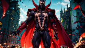 (masterpiece:1.2, best quality:1.2), ((masterpiece)), (((best quality))), ((ultra-detailed)), ((illustration)), (male), lyco:spawn-000020:1.0, (spawn, red cape, chains, green eyes), mask, white markings, full black suit, chaos, super wide angle shot, ((standing over an army of demons, armies of hell, a legion of souls))