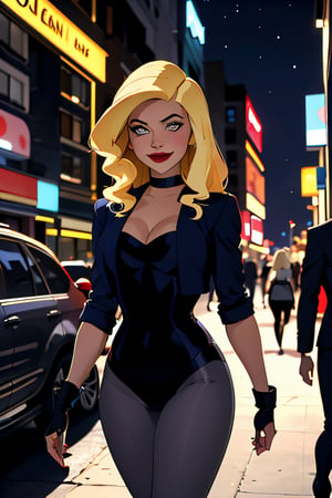 ((masterpiece,best quality)), absurdres,
lora:Black_Canary_JLU:0.7, Black_Canary_JLU, 
solo, smiling, looking at viewer, cowboy shot, 
night sky and city in background, cinematic composition, dynamic pose,
,Black_Canary_JLU