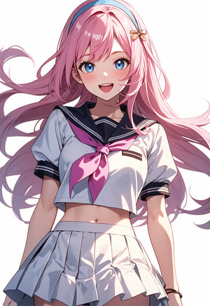 1girl,smile,honkai impact 3rd,hoyun,white serafuku,white shirt,stomach,elysia (honkai impact),skirt,white skirt,simple background,purple neckerchief,arms behind back,highres,midriff,1girl, d,cowboy shot,looking at viewer,honkai (series),solo,white hairband,neckerchief,puffy sleeves,shirt,white background,miniskirt,short sleeves,crop top,puffy short sleeves,pleated skirt,navel,commentary request,long hair,very long hair,hairband,school uniform,serafuku,standing,open mouth,blue eyes,pink hair,