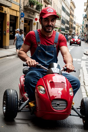 an Italian plumber man is driving a gokart on a city street, blue overalls, suspenders, red shirt, red hat, happy, big eyes,
