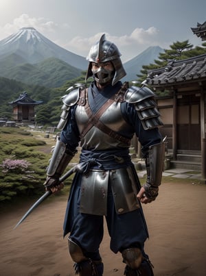 (cinematic:1.3), ((on a battlefield in Japan, rural japan, trees, japanese mountains, battle, landscape, ancient japanese huts, japanese temples in distance, ancient japan war, bokeh, realistic lighting, ray tracing, bloom:1.4)), ((masterpiece, best quality, highres, absurdres)), a high resolution RAW photo of ((a TMNTShredder 1man armored samurai knight with claw gauntlets)), lora:90sTMNT_Shredder:0.4, ((wearing full samurai armor with pauldrons and metal samurai helmet with mask)), ((muscular, fitness physique)), atmospheric, ((photorealism, photorealistic:1.4)), 8k, highly detailed, intricate detail
