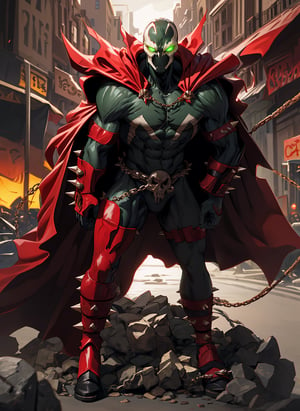 spawn2023, helmet, long red collar, red cowl, red cape, chains, skulls, glowing green eyes, red gauntlets, spikes, dramatic lighting, hyper realistic, raw image, 8k, muscular, uhd, best quality, award winning photo, rtx on, unreal engine 5, full body, wide angle shot, head to toe, gothic city, superhero pose, absurdres, long cape, large red boot, large gauntlet, flowing cape, round axe, asymmetrical red armor,
