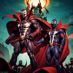 (masterpiece:1.2,  best quality:1.2),  ((masterpiece)),  (((best quality))),  ((ultra-detailed)),  ((illustration)),  (male),  lyco:spawn-000020:1.0,  (spawn,  red cape,  chains,  green eyes),  mask,  white markings,  full black suit,  chaos,  super wide angle shot,  ((standing over an army of demons,  armies of hell,  a legion of souls)), full burning background