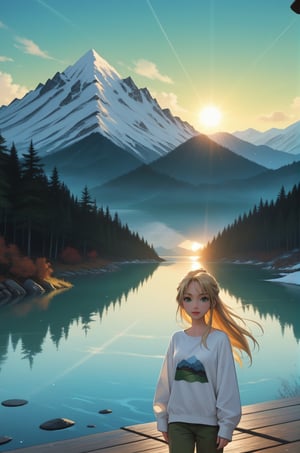 2D anime style, anime screencap, studio ghibli inspired,   a young woman with long blonde hair, wearing a white sweater and green cargo pants, standing on the edge of a mountain lake with a confident pose. She looks out over the water, with the majestic snow-capped mountains and dense forest reflecting in the lake. The sunlight casts a warm glow on her face, enhancing the vibrant colors of the natural scenery. High detail and complexity, vibrant colors, dynamic lighting, immersive atmosphere