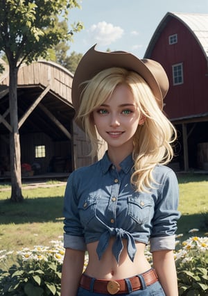 mlpapplejack, blonde ponytail hair, green eyes, cowboy hat,tied red flannel shirt, midriff, daisy duke shorts, belt, looking at viewer, seductive smile, 
outside, standing, farm, barn, romantic ambiance, extremely detailed, HDR, beautiful quality, bounce lighting, lora:mlp_applejack:.8
