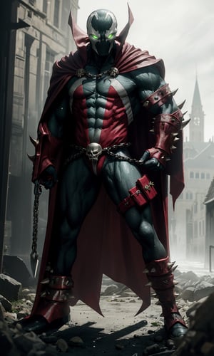 spawn2023, helmet, long red collar, red cowl, red cape, chains, skulls, glowing green eyes, red gauntlets, spikes, dramatic lighting, hyper realistic, raw image, 8k, muscular, uhd, best quality, award winning photo, rtx on, unreal engine 5, full body, wide angle shot, head to toe, gothic city, superhero pose, absurdres, long cape, large red boot, large gauntlet, flowing cape, round axe, asymmetrical red armor,
