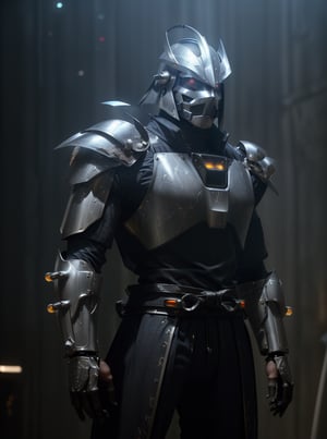 (cinematic:1.3), ((in a futuristic research facility, computers, futuristic machines, futuristic lights, bokeh, realistic lighting, ray tracing, bloom:1.4)), ((masterpiece, best quality, highres, absurdres)), a high resolution RAW photo of ((a TMNTShredder 1man armored samurai knight with claw gauntlets)), , ((wearing futuristic mecha armor with pauldrons and metal samurai helmet with mask)), ((muscular, fitness physique)), atmospheric, ((photorealism, photorealistic:1.4)), 8k, highly detailed, intricate detail
