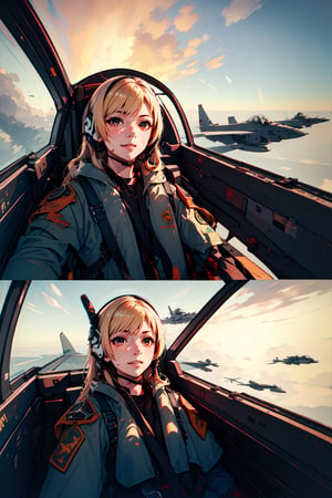 lora:yomama_fighter_jet_pilot_selfie_v2:1, yomama_fighter_jet_pilot_selfie_v2,  lora:RtPL-Malice:0.8, malice_(riviera), blonde_hair, long_hair, blue_cape, white_dress, gloves, sitting, evil smile, sweat, orange sky, dogfight, bullets, blood,, ultra detailed, masterpiece, best quality, aesthetic, detailed,