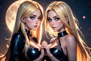 (masterpiece, best quality), unity 8k wallpaper, ultra detailed, beautiful and aesthetic, (photorealistic:1.2), perfect lighting, (2 girls forming a heart shape together with their hands:1.15), large breasts, cleavage, looking at viewer, outside, full moon, beautiful night sky, sultry look, seducing grin BREAK short hair, blonde hair, laced hair, beautiful blue eyes BREAK blonde hair, mid parted hair, straight hair, long hair, pronounced blush, beautiful green eyes  
