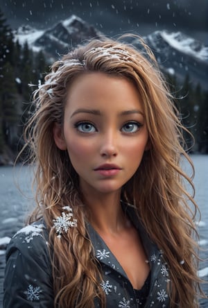young woman, heavy snowfall, large snow flakes, (art by Nan Goldin :1.2) ,  dark sky, sad, melancholy atmosphere, messy long hair, wind, cinematic angle,  mountain top, (floating hair:1.3), frozen lake, depth of field, from back, masterpiece, best quality, highres, slate gray atmosphere, soft cinematic light, sharp focus, photolab, lightroom,  ,blake lively