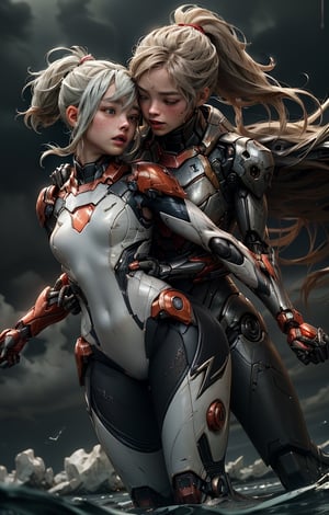 absurdres, best quality, 2girl, lesbian twin sisters, closed hug, passionate kiss, 1girl negative suit, eye focus, samus aran, ponytail, hair tie, white gloves, white bodysuit, futuristic knight, (silver, long hair), mecha girl, mechanical parts, under the water, Expressive Hues, Vibrant Palette, Black and white clothes, ironman suit  , , fishnets, floating hair,  , striking  , succubus, ethereal background, (dramatic angle, dynamic pose),     , storm, lightning, wet hair,  , rain, wet body, wind, , cyborg shark