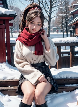 (Best quality, 8k, 32k, Masterpiece, UHD:1.2),Photo of Pretty european woman, stunning, 1girl, (medium dark blonde ponytail), double eyelid, natural small breasts, slender legs, tall body, soft curves, white coat, knit dress shirt, checkered skirt, red scarf, snow heeled boot, sitting on stairs on shrine, snowy shrine, heavy snow on shrine, fashion model posing, unforgettable beauty, look at viewer, sexy smile, closed to up, lifelike rendering, detailed facial features, detailed real skin texture, detailed details 