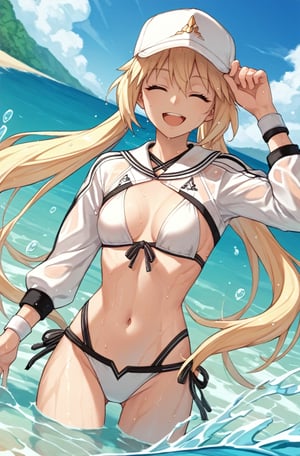 1girl, blonde hair, long hair, green eyes, twintails, swimsuit, white bikini, baseball cap, cropped jacket, shrug \(clothing\), long sleeves, wristband, smile, submerged, dutch angle, cowboy shot, beach, sea, splashing, closed eyes, smile, open mouth, sweat, wet, looking at viewer,  lora:Castoria:0.8, score_9, score_8_up, score_7_up, score_6_up, score_5_up, score_4_up, BREAK source_anime, masterpiece
