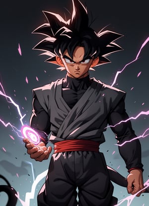 centered, solo, man, upper body, standing, | aura, electricity, Goku_Black, 1boy, male focus, super saiyan, tail, wristband, pants, black hair,  (looking at viewer), 
