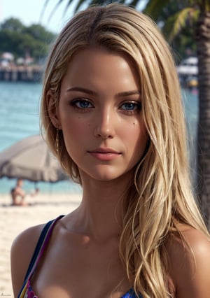 (extremely detailed, realistic, perfect lighting, vibrant colors,intricate details,absurdres),(masterpiece, high detailed skin:1.3),1girl,light blonde hair,layered hair, in the detailed beach, solid smlie, 