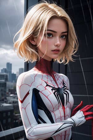 18 yo girl, white spider man suit, short blunt hair, blonde, beautiful face, rain, roof, masterpiece, intricate detail, perfect anatomy
