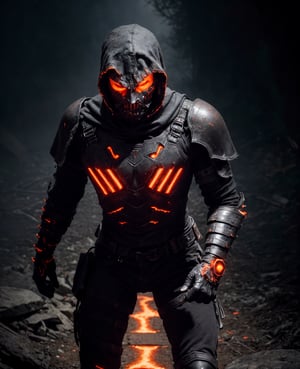 dark rugged realm, phantom warrior emerges from the shadows, clad in tattered black cyberpunk armor, etched with fiery orange circuitry, like a dark mechanical specter, The figure's face is shrouded in an impenetrable black hood, with only two blazing orange optics piercing the darkness, like hot coals from a malevolent forge, The armor is shifting and writhe like living darkness, with orange neon-like energy bleeding from the cracks, , , , 
