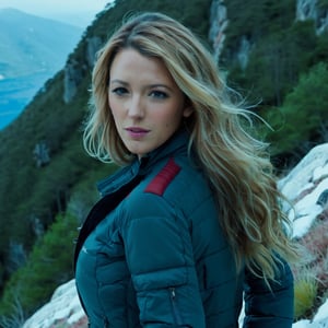 a photo of blake lively, ohwx woman, on a mountain, wearing a jacket, best quality, cinematic lighting
