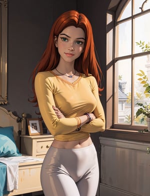 jean grey,long red hair,makeup, green eyes, necklace, jewellery, bracelet, yellow shirt, bottomless, wearing white panties, long sleeves, looking at viewer, serious, seductive smile, blush, 
standing, arms crossed, interior of a mansion bedroom, window, closed curtains, extreme detail,masterpiece, beautiful quality, 
,CARTOON_jeangrey_costume_ownwaifu