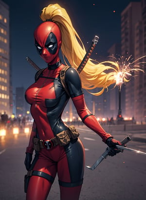 masterpiece, best quality, highres, contrapposto,
BodySuit_lady_deadpool_ownwaifu,
1girl, mask, blonde hair, ponytail, long hair, large breasts, no pupils, 
bodysuit, skin tight, superhero, belt pouch, utility belt, red bodysuit, gloves, weapon on back, thigh pouch, thigh strap, thigh holster, belt buckle, turtleneck, 
 ,
light particles, depth_of_field, scenery, night, aerial fireworks, solo, cowboy shot, looking at viewer,
