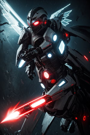 A mech, silver-white long ponytail and waist, V-shaped mechanical helmet, helmet eyes with red light, wearing a black sexy mech suit, red torn cloak swaying in the wind, white glowing six-winged mechanical wings, a broad sword glowing yellow with red light effect, Night, Rain, A destroyed cyberspace in the book of Apocalypse, lifelike, best image quality, highest definition and clarity, original, surrealism, high detail, futurism, action painting, chiaroscuro, ray tracing, motion blur, Cowboy shot, close-up, combat action drawing, layering, holographic display, cyberpunk style
