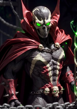 spawn, solo, skull, male focus, red cape, glowing eyes, embers, green fire, glowing, chain, looking at viewer, standing, upper body, intricate details, masterpiece, absurdres, best quality, spawn2023,
