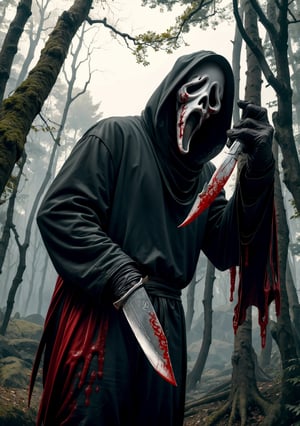 masterpiece,best quality,extreme detail,8k,white background,lora:ghostface:0.8,ghostface, solo, open mouth, holding, weapon, outdoors, signature, hood, holding weapon, tree, blood, mask, night, knife, nature, cloak, 1other, hood up, forest, holding knife, blood on weapon, blood on knife