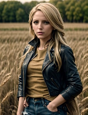 raw photo, fashion photography of cute (Belén Rodríguez), long, blonde hair, wearing leather jacket and ripped jeans, wheat field, picturesque, rural background, upper body shot,sharp, colorful, ultra realistic, cinematic, blue and yellow:0.85)