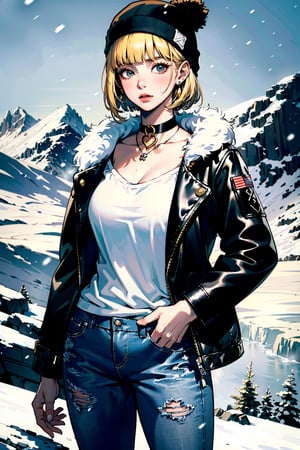 (best quality, masterpiece:1.1),   cowboy shot,     (1female), confused face, golden hair, absurdly short hair, blunt bangs,        bar earrings, black faux fur jacket, distressed boyfriend jeans, white ankle boots, black beanie hat, silver choker necklace, ( snowy mountaintop, winter clothes, standing on a rock),
