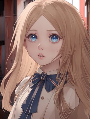 ,(looking at viewer),(cowboy shot dynamic pose:1.22),M3GEN/(Robot Girl/), 1girl, solo, long hair, blonde hair, realistic, blurry, blue eyes, bow, photo inset, upper body, bowtie, parted lips, ribbon, lips,detailed shiny skin,perfect and very white teeth,finely detailed beautiful eyes,Ultra-fine facial detail,eyelashes,Glossy pink lips,(detailed The dark and terrifying alleys background:1.4),outdoors,(day:1.33),depth of field,intricate,elegant,highly detailed,digital photography,masterpiece,hdr,,