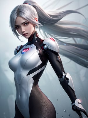 absurdres, best quality, 1girl, solo, eye focus, looking at viewer,   , samus aran, ponytail, hair tie, white gloves, white bodysuit, futuristic knight, (silver, long hair), mecha girl, mechanical parts, under the water, Expressive Hues, Vibrant Palette, Black and white clothes, ironman suit  , , fishnets, floating hair,  , striking  , succubus, ethereal background, (dramatic angle, dynamic pose),     , storm, lightning, wet hair,  , rain, wet body, wind, , cyborg shark
