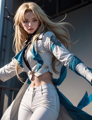 Ultra Detailed, 50mm, official art, unity 8k wallpaper, ultra detailed, aesthetic, masterpiece, best quality, photorealistic,1girl, , luocha, blonde hair, long hair,  white coat, black shirt, white pants, blue ascot, blue armband, blue vest, narrow waist, dynamic pose, dynamic angle, 