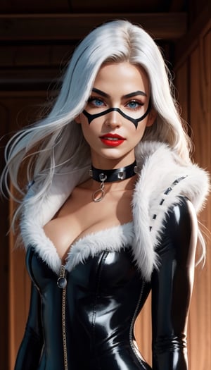 masterpiece, best quality,upper body, solo, absurdres,scenery,  , felicia_blackcat_aiwaifu,long hair,mask,white hair,bodysuit,domino mask,gloves,choker,lipstick,blue eyes,makeup,white gloves,collar,lips,superhero,black bodysuit,fur trim,cleavage,large breasts,collarbone,skin tight,zipper,spiked collar,unzipped,red lips,jewelry,black choker,claws,latex,shiny,center opening,very long hair,            ultra specular detailed, amazing artwork,intricate details,light,attractive, intricate detailed blurry_background,(well defined perfect hands, high detailed skin,detailed face:0.3), (scenery, golden_ratio,highres, incredibly_absurdres:0.2),(scenery,sidelighting,masterpiece:0.5),felicia_blackcat_aiwaifu