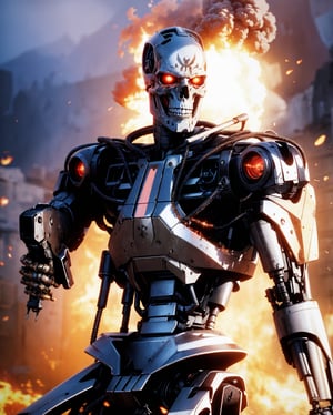 (lora:T800Endoskeleton-10:0.8), (RAW photo, real life, absurdres, high quality, photorealistic, detailed, realistic:1.3), (solo:1.3), ((dynamic pose)), a high resolution comic book art photo of a T800Endoskeleton robot with red eyes and metal skull face and chrome metal body and holding a futuristic gun shooting lasers, standing on a hill of skulls, dark sky and fire and flames and smoke and explosions and robots and post apocalypse war in the background, cinematic, atmospheric, 8k, realistic lighting, shot by Hassleblad H6D, Zeiss, Kodachrome, nikon, 50mm 1.2 lens, Octane Render, ultra realistic, realistic lighting, photorealistic, photorealism, photoreal, unreal engine 5, Adobe After FX, highly detailed, intricate detail