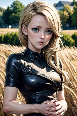 raw photo, fashion photography of cute (Belén Rodríguez), long, blonde hair, wearing leather jacket and ripped jeans, wheat field, picturesque, rural background, upper body shot,sharp, colorful, ultra realistic, cinematic, blue and yellow:0.85)