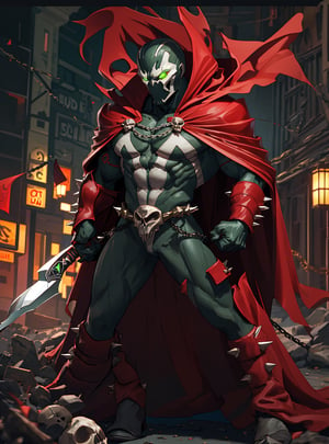 spawn2023, helmet, long red collar, red cowl, red cape, chains, skulls, glowing green eyes, red gauntlets, spikes, dramatic lighting, hyper realistic, raw image, 8k, muscular, uhd, best quality, award winning photo, rtx on, unreal engine 5, full body, wide angle shot, head to toe, gothic city, superhero pose, absurdres, long cape, large red boot, large gauntlet, flowing cape, round axe, asymmetrical red armor,
