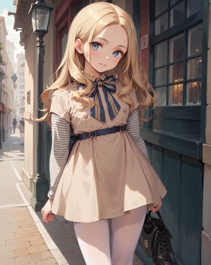 score_9, score_8_up, score_7_up,score_6_up, score_5_up, score_4_up,M3GAN, 1girl, long hair, blue eyes, blonde hair, parted bangs, split bangs, white pantyhose, beige dress, long sleeves, striped sleeves, bow, black shoes, in the detailed city streets, 