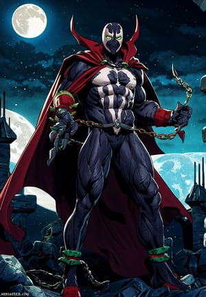 spawn, chain, red cape, glowing eyes, night, moon, glowing, green eyes, green fire, hand up, sky, claws, cloud, solo, castle, night sky, abs, intricate details, masterpiece, absurdres, best quality, cowboy shot, lora:spawn:0.9