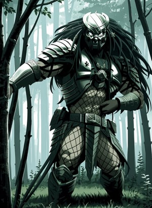 celtic predator, full body view, hyper detailed, insane details, intricate details, 8k, Very detailed, Best Quality, in the detailed forest, fighting pose, sword in the hand, Sharp focus

