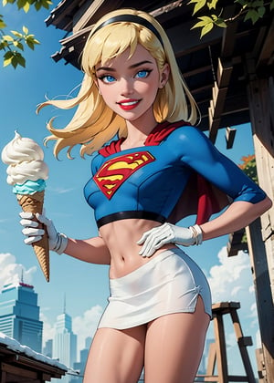 supes, blonde hair, headband, red lips, blue eyes, crop top,blue miniskirt, midriff, gloves, cape,  looking at viewer, smiling, happy, medium shot,
holding ice cream cone, park, autumn, blue sky, upskirt, white panties, extreme detail, masterpiece, beautiful quality, 
,Supergirl  