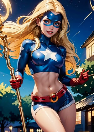 stargirl_dc, blonde hair,blue eyes,tight clothing, midriff, petite body, briefs, looking at viewer, serious, smiling, holding a cosmic staff, 
outside, park, night, extreme detail, masterpiece, beautiful quality, lora:stargirl_DC_v1:.7
