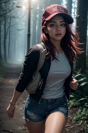 ((beautiful scared woman running desperately from a monster)), wearing dirty rags, bagpack and sneakers in a icy forest at night, blood on clothes, blood on face,  photo realistic, highly detailed, detailed face, detailed eyes, cute, terrified, baseball cap, red hair, masterpiece, extreme wide shot, extreme long shot, 8k uhd, film grain, extreme res, dark night., detailed shadows and lighting, fog , shallow depth of field, vignette, highly detailed, high budget, bokeh, cinemascope, moody, epic, gorgeous, film grain, grainy, dimlight, darkness, RAW photo, a 22-year-old-girl,  (1girl), (realistic), (photo-realistic:1.5), 8k uhd, film grain), Sharp Eyeliner, Blush Eyeshadow With Thick Eyelashes, extremely delicate and beautiful, 8k, soft lighting, high quality, highres, sharp focus, extremely detailed eyes and face, masterpiece, cinematic lighting, (high detailed skin:1.2), 8k uhd, dslr, soft lighting, high quality, film grain, Fujifilm XT3
