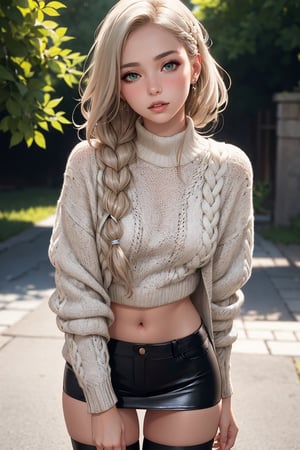 senior,cute,slender,european, emerald eyes,pale cheeks,square face shape with angular jaw,natural "no-makeup" makeup,(pewter blonde hair),
wearing Cable-knit Aran sweater tucked into a leather mini skirt with over-the-knee boots,
front view,
small breasts,
,
blurred desaturated bokeh background,
dark theme,
soothing tones,
muted colors,
high contrast,
(pale skin texture, hyperrealism, soft light, sharp),
artistic photoshoot,
milkmaid braid hair,
(ultra realistic,32k, masterpiece),(high detailed skin),( high quality),nsfw,

