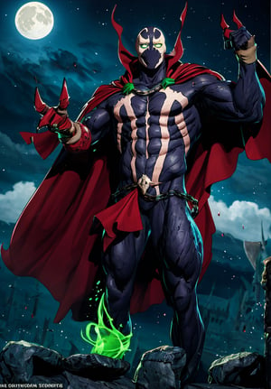 spawn, chain, red cape, glowing eyes, night, moon, glowing, green eyes, green fire, hand up, sky, claws, cloud, solo, castle, night sky, abs, intricate details, masterpiece, absurdres, best quality, cowboy shot, lora:spawn:0.9