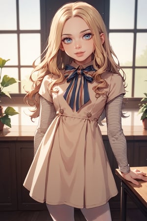 score_9, score_8_up, score_7_up,score_6_up, score_5_up, score_4_up,M3GAN, 1girl, long hair, blue eyes, blonde hair, parted bangs, split bangs, white pantyhose, beige dress, long sleeves, striped sleeves, bow, black shoes,bowlegged_pose