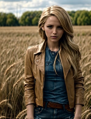 raw photo, fashion photography of cute (Belén Rodríguez), long, blonde hair, wearing leather jacket and ripped jeans, wheat field, picturesque, rural background, upper body shot,sharp, colorful, ultra realistic, cinematic, blue and yellow:0.85)