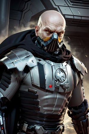 (best quality, masterpiece, beautiful and aesthetic:1.2, colorful, dynamic angle) 1boy, darth malgus, angry, yellow eyes, respirator mask, carbon fibre armor, cape, upper body, (high contrast, official art, extreme detailed, highest detailed) ,  ,darth malgus