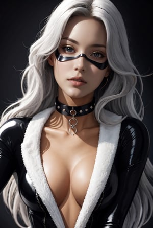 masterpiece, best quality,upper body, solo, absurdres,scenery,  lora:CARTOON_felicia_blackcat_aiwaifu-10:0.8, felicia_blackcat_aiwaifu,long hair,mask,white hair,bodysuit,domino mask,gloves,choker,lipstick,blue eyes,makeup,white gloves,collar,lips,superhero,black bodysuit,fur trim,cleavage,large breasts,collarbone,skin tight,zipper,spiked collar,unzipped,red lips,jewelry,black choker,claws,latex,shiny,center opening,very long hair,            ultra specular detailed, amazing artwork,intricate details,light,attractive, intricate detailed blurry_background,(well defined perfect hands, high detailed skin,detailed face:0.3), (scenery, golden_ratio,highres, incredibly_absurdres:0.2),(scenery,sidelighting,masterpiece:0.5),
